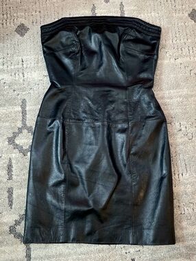 August silk Strapless Black Genuine Leather Mini Dress